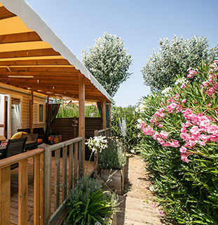 Vermietung von Mobilheimen mit Terrasse auf dem Campingplatz von Agde