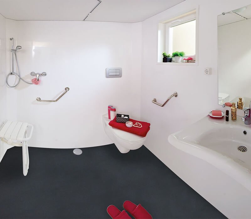 Badezimmer eines behindertengerechten 33m²-Premium-Mobilheims auf dem Campingplatz Camping Le Neptune in Agde